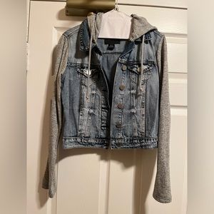 Denim Jacket with Grey Sleeves and Hood